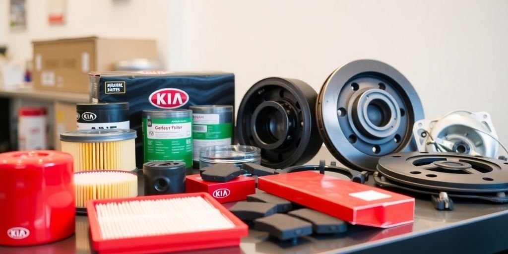 Quality Kia spare parts on a clean table.