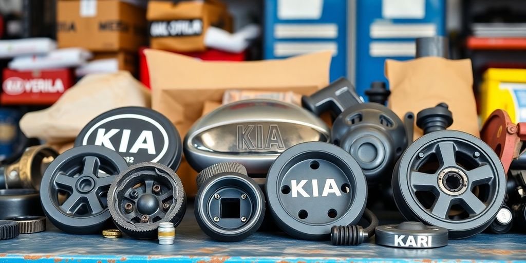 Quality Kia spare parts on a workshop table in Melbourne.