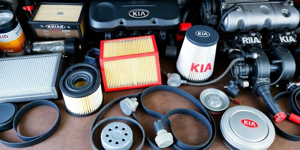 Collection of Kia auto parts on a workbench surface.