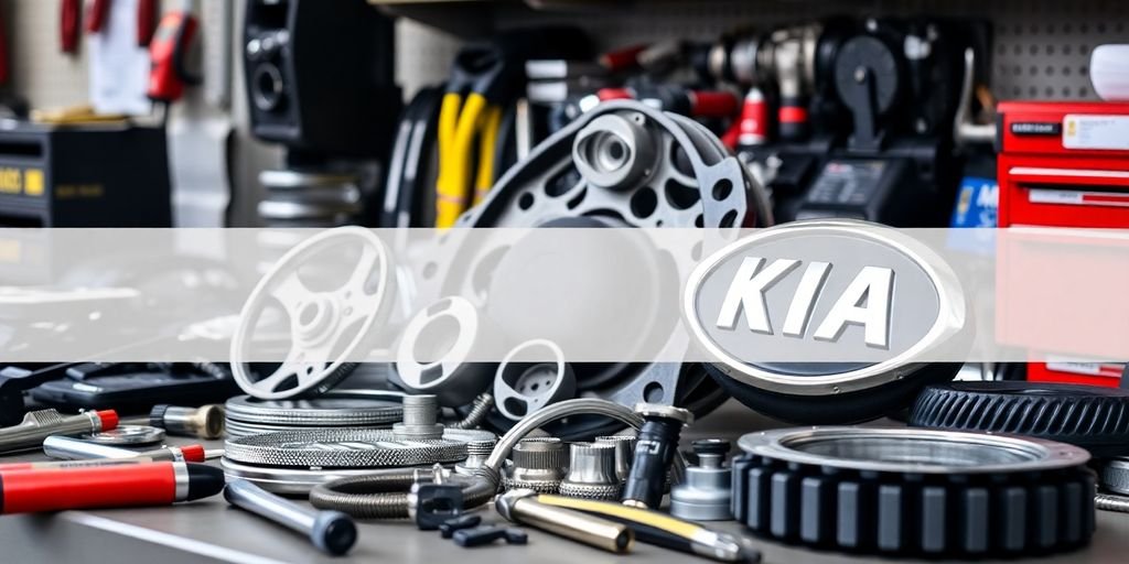 Close-up of Kia auto parts on a workbench.