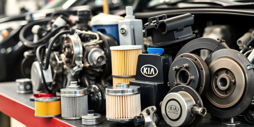 High-quality Kia auto parts on a workbench.