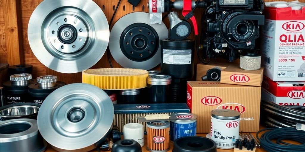 Close-up of genuine Kia parts on a workbench.