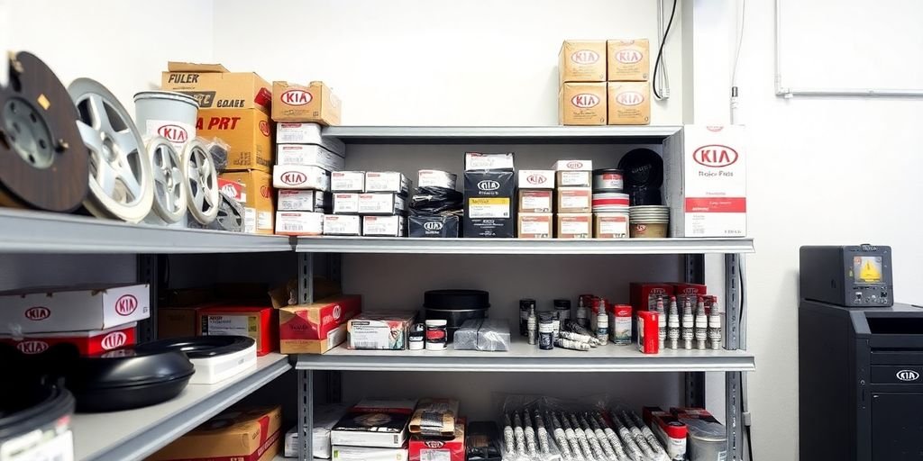 Kia spare parts on garage shelves