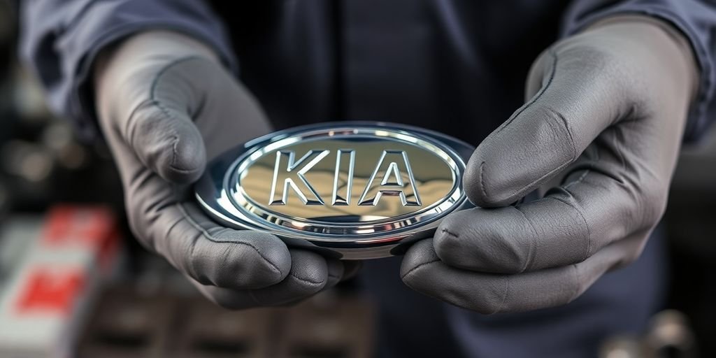 Mechanic holding new Kia part.