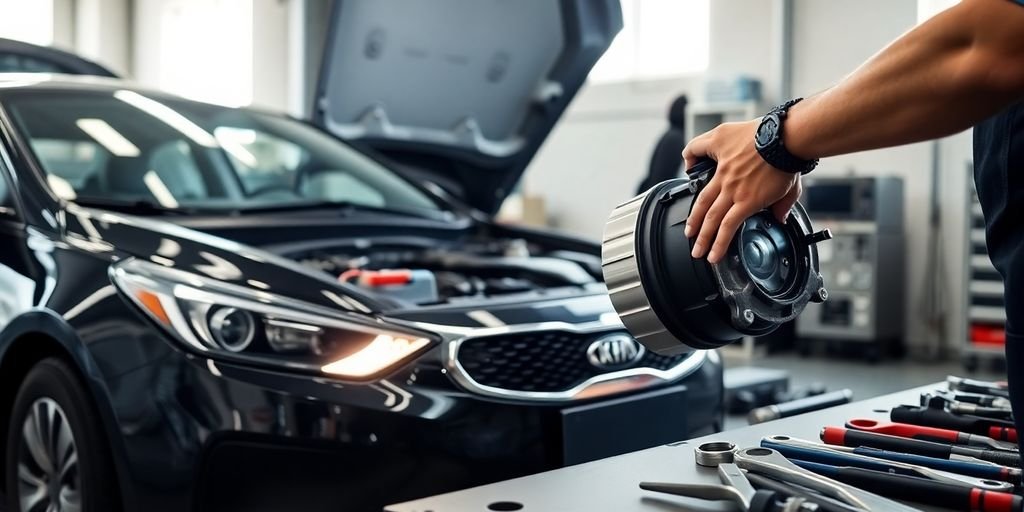 Shiny Kia car part being installed by mechanic's hands.