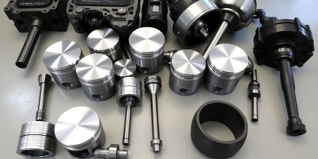 a collection of engine pistons and related components