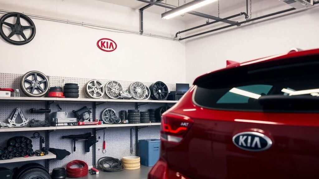 Kia car parts organized in a garage with a red Kia vehicle.