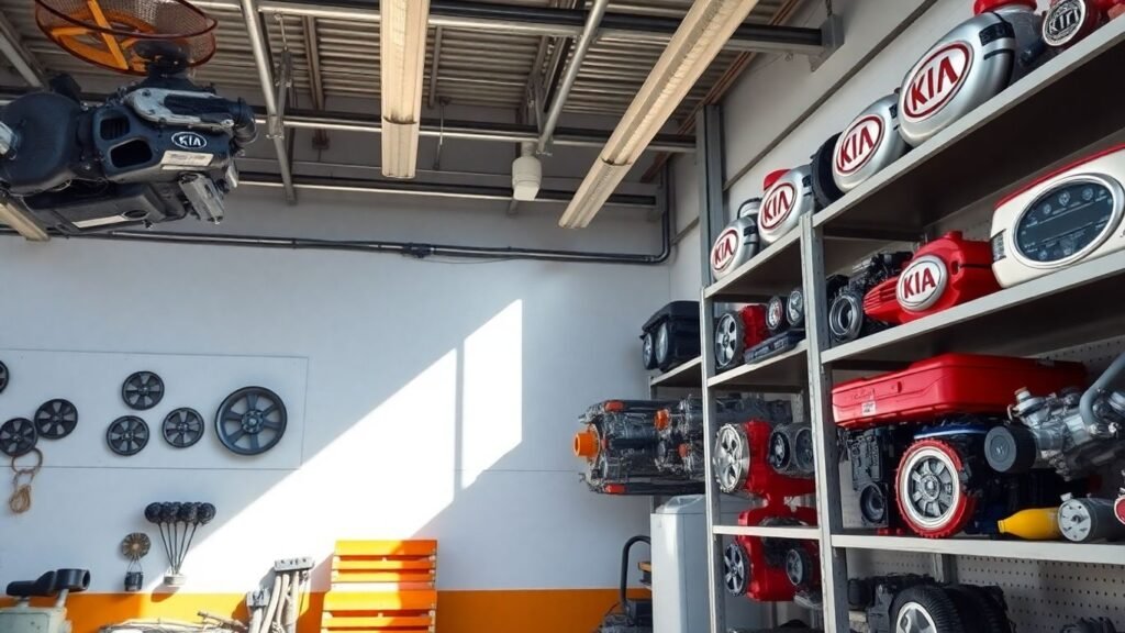 Various Kia car parts organized on shelves in a repair shop.
