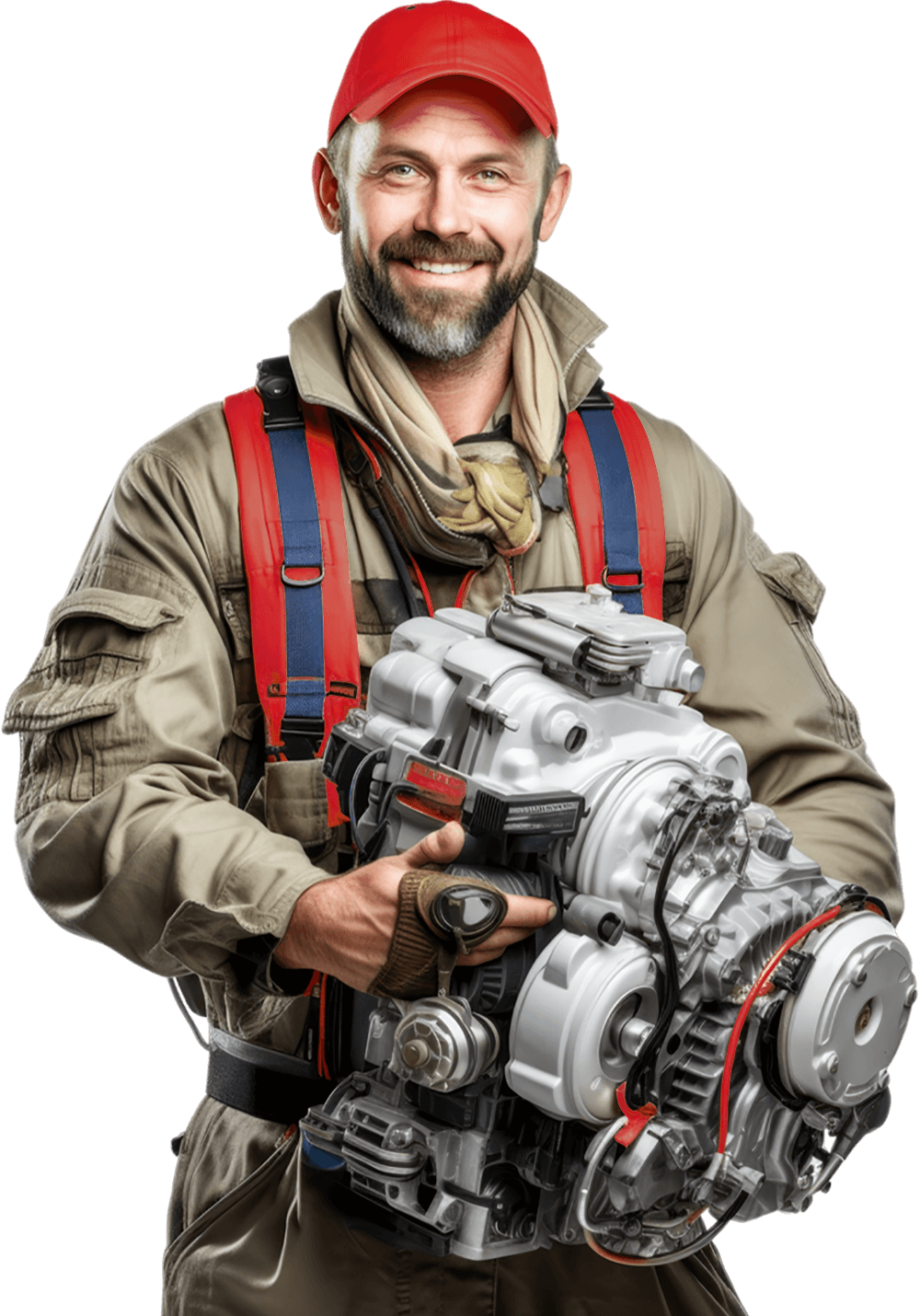 a man holding a car engine
