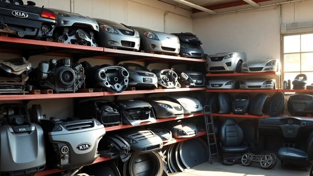 Various used Kia car parts in a workshop.