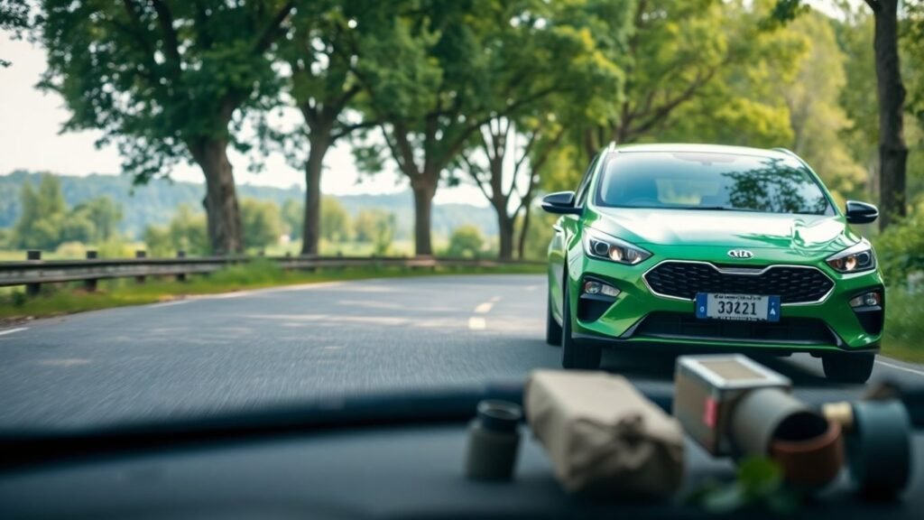 Green Kia car with recycled parts on a scenic road
