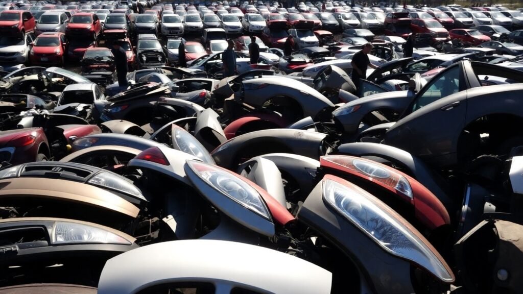 Salvaged Kia car parts in scrapyard under sunlight
