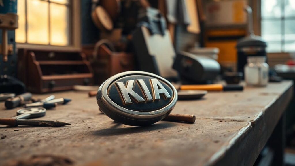 Rare Kia spare parts and emblem on a workbench.