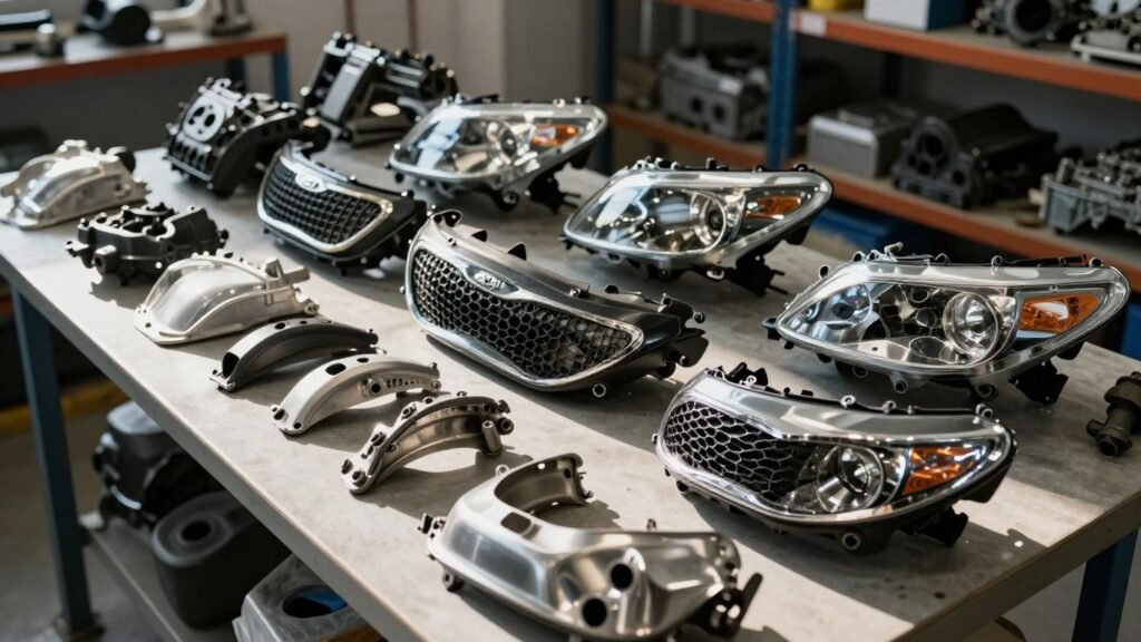 Genuine Kia Cerato parts displayed in a workshop.