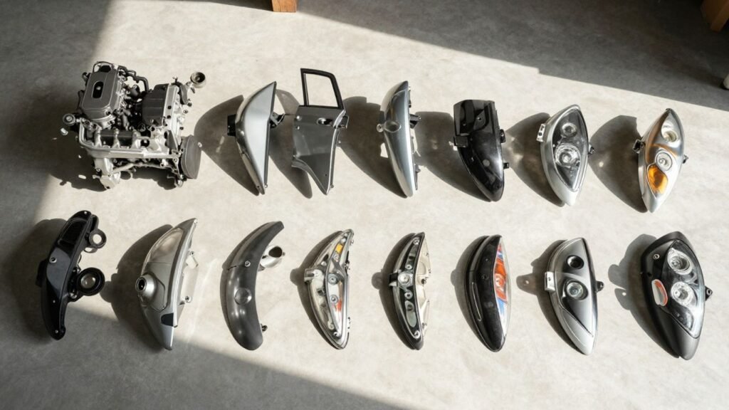 Used Kia car parts neatly arranged for sale.