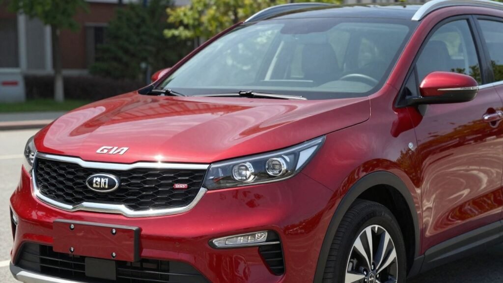 Red Kia Sportage SUV with headlights on