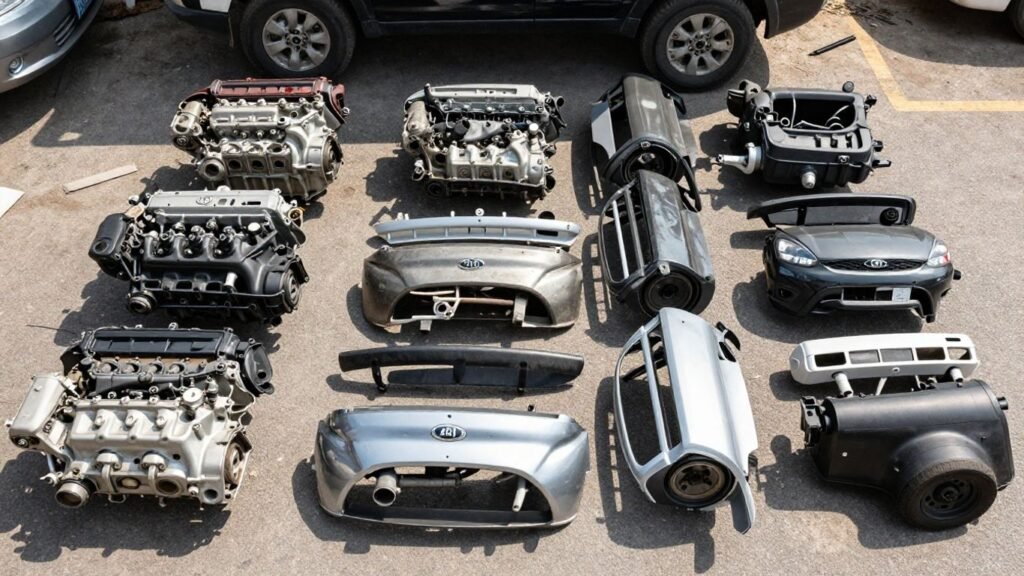 Used Kia Rio car parts in a salvage yard.