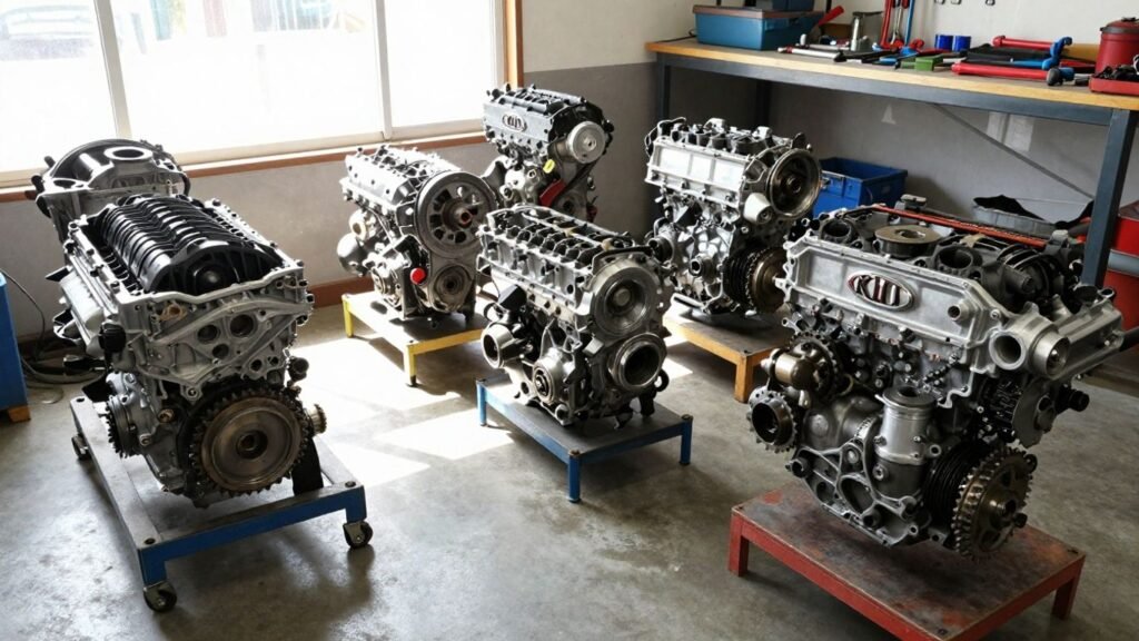 Used Kia engines and gearboxes in a workshop.